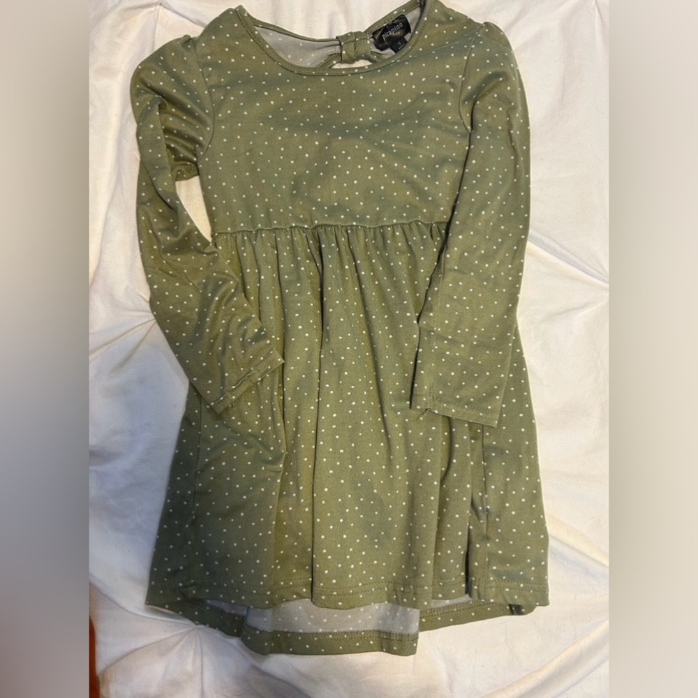 Girls' Olive Green Long Sleeve Polka Dot Dress